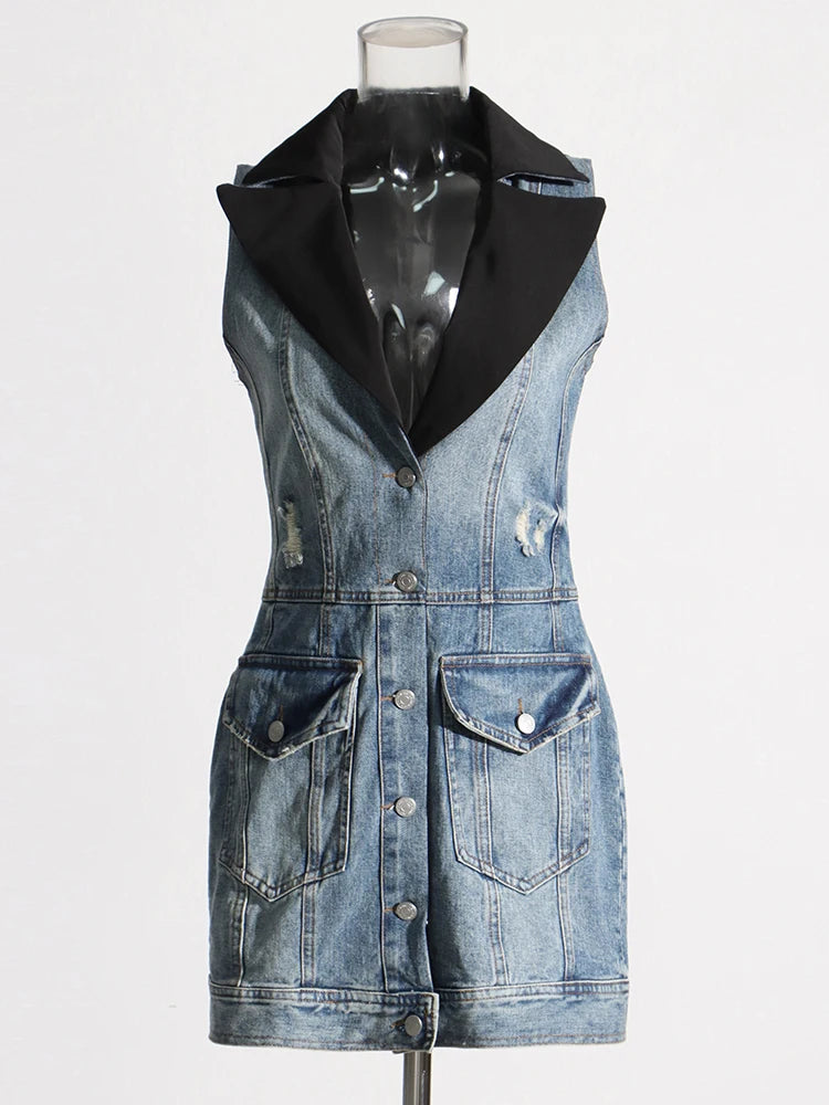 Set Of Denim Sleeveless Mini Dress With Black Crop Blazer