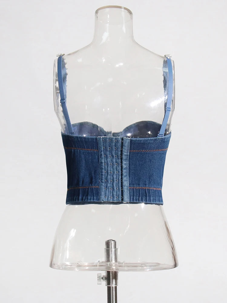 Zalia Atelier | Denim Bustier Top with big crystal rhinestones straps