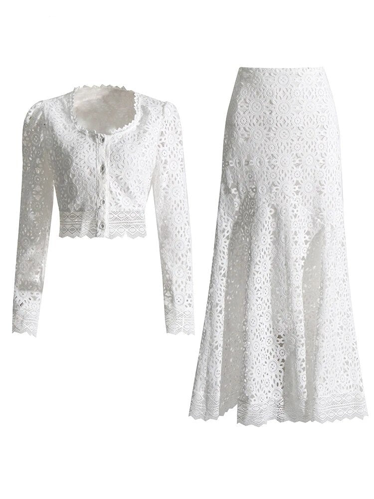 White Embroidered Lace long sleeve top with matching maxi skirt