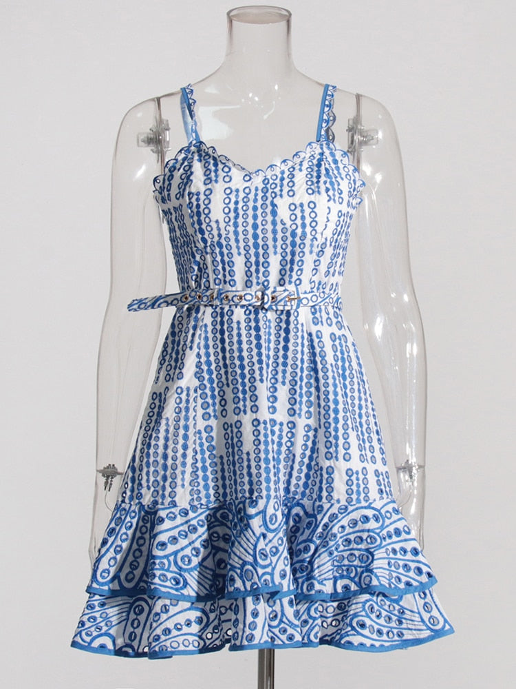 Blue Belted Embroidered Mini Dress | Ruffles | High Waist | Designer Inspired Charo Ruiz Dupe