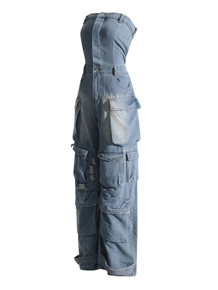 Zalia Atelier | Light Denim Strapless Cargo Jumpsuit