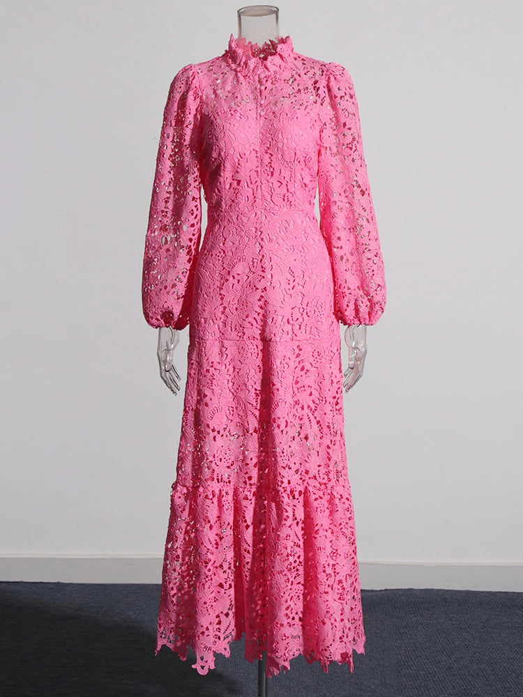 Zalia Atelier | Pink Embroidered Lace Maxi Dress Long Sleeves