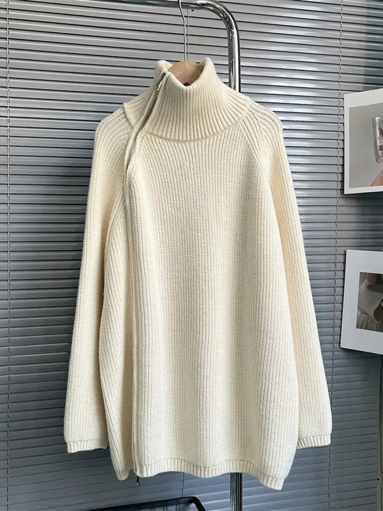 Cream Color Sweater with Zippered Neck | Zalia Atelier