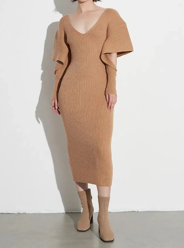 Khaki knit midi dress with long sleeves with cutouts