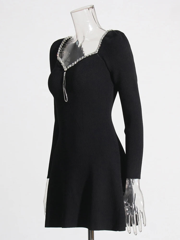 Zalia Atelier | Black Knit Mini Dress with long sleeves and crystal rhinestone neck trim