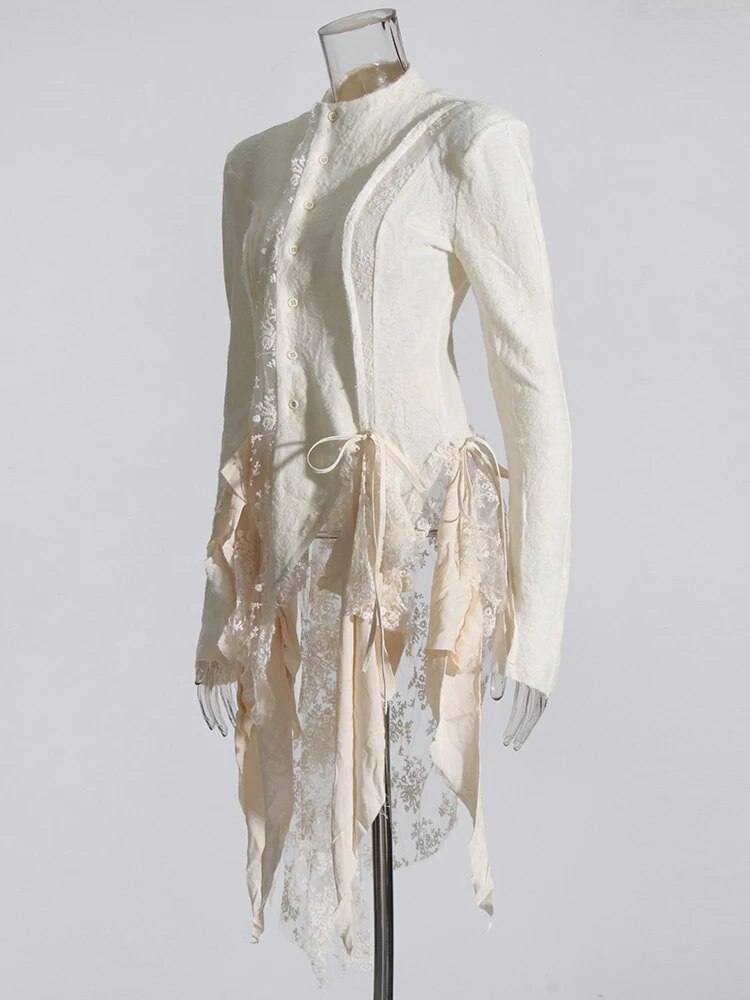 Beige Lace Tunic with ruffles and asymmetrical hem