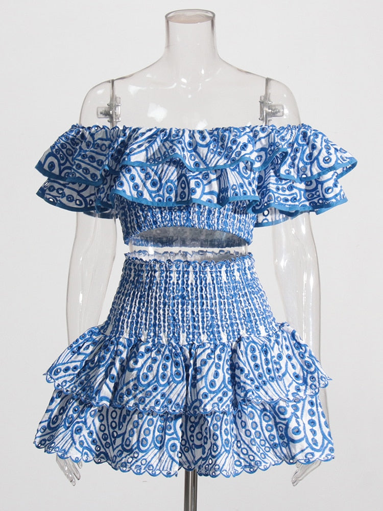 Blue and White Embroidered Top and Skirt Set | Broderie Anglaise | Crop Top and Mini Skirt with Ruffles Charo Ruiz Dupe