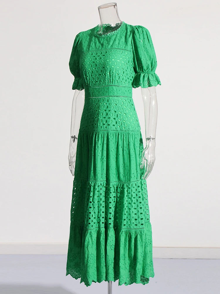 Zalia Atelier | Green Maxi Dress Puff Sleeves Embroidered Panel