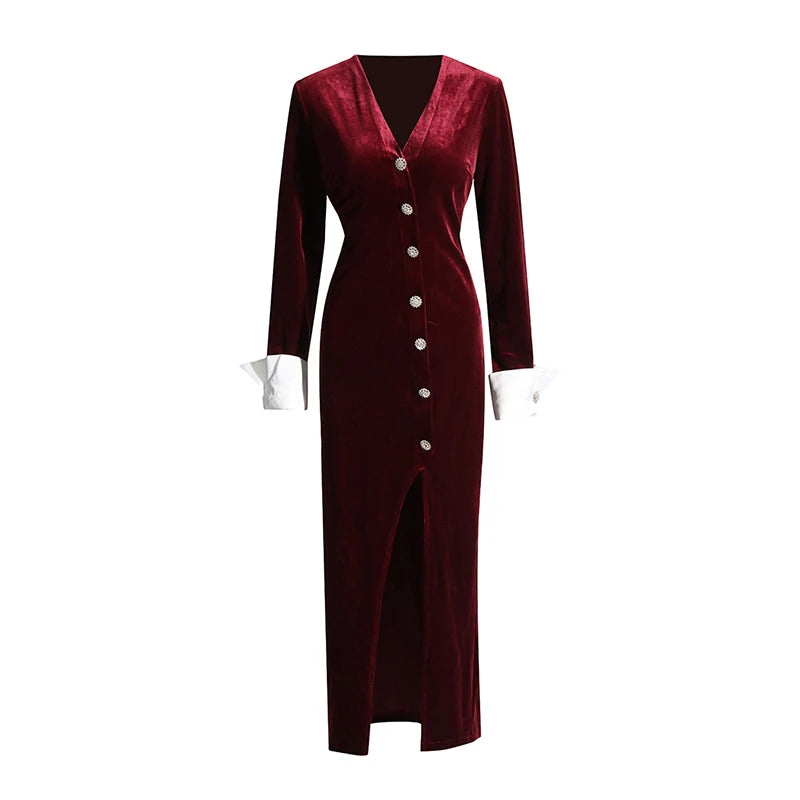 Zalia Atelier | Burgundy velvet dress with white cuffs and rhinestone buttons