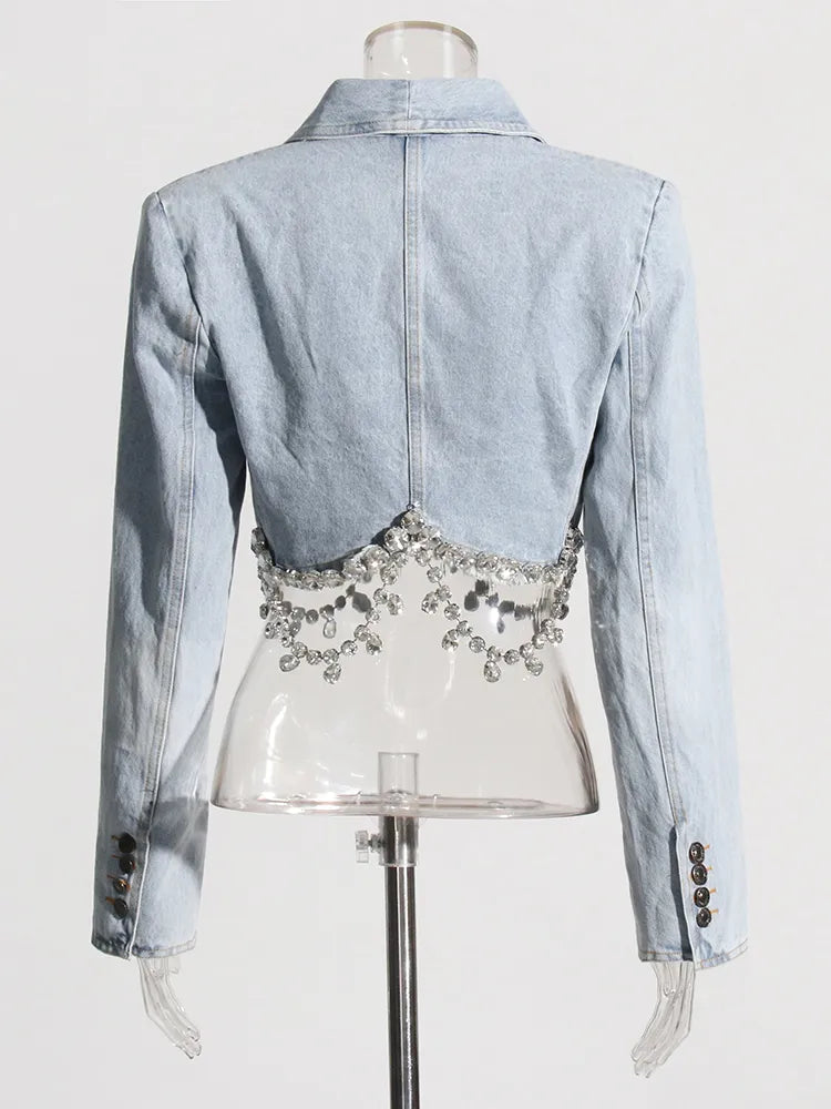 Cropped denim jacket cropped length big rhinestone trim