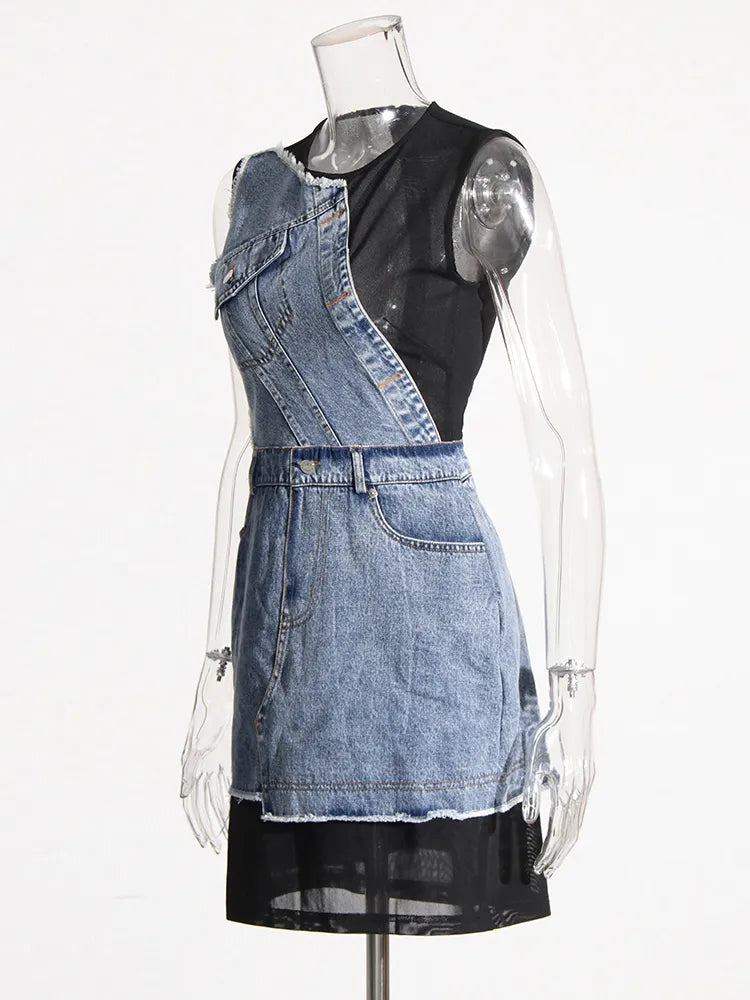 Patchwork denim and mesh mini dress