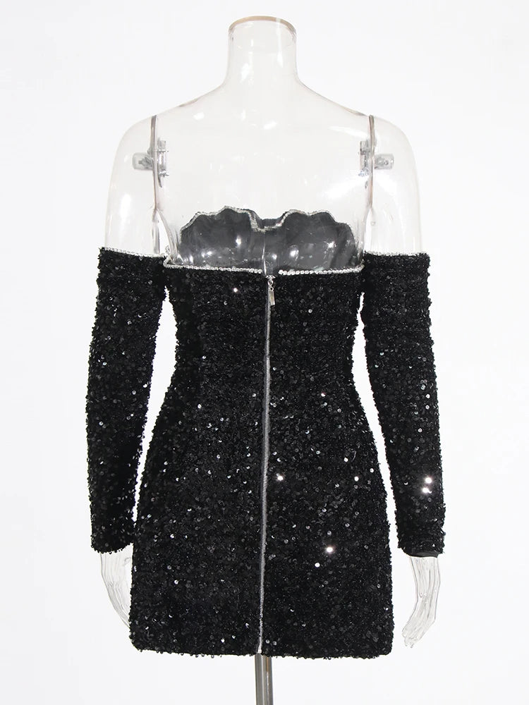 Zalia Atelier | Black Sequins Strapless Mini Dress with Half Sleeves