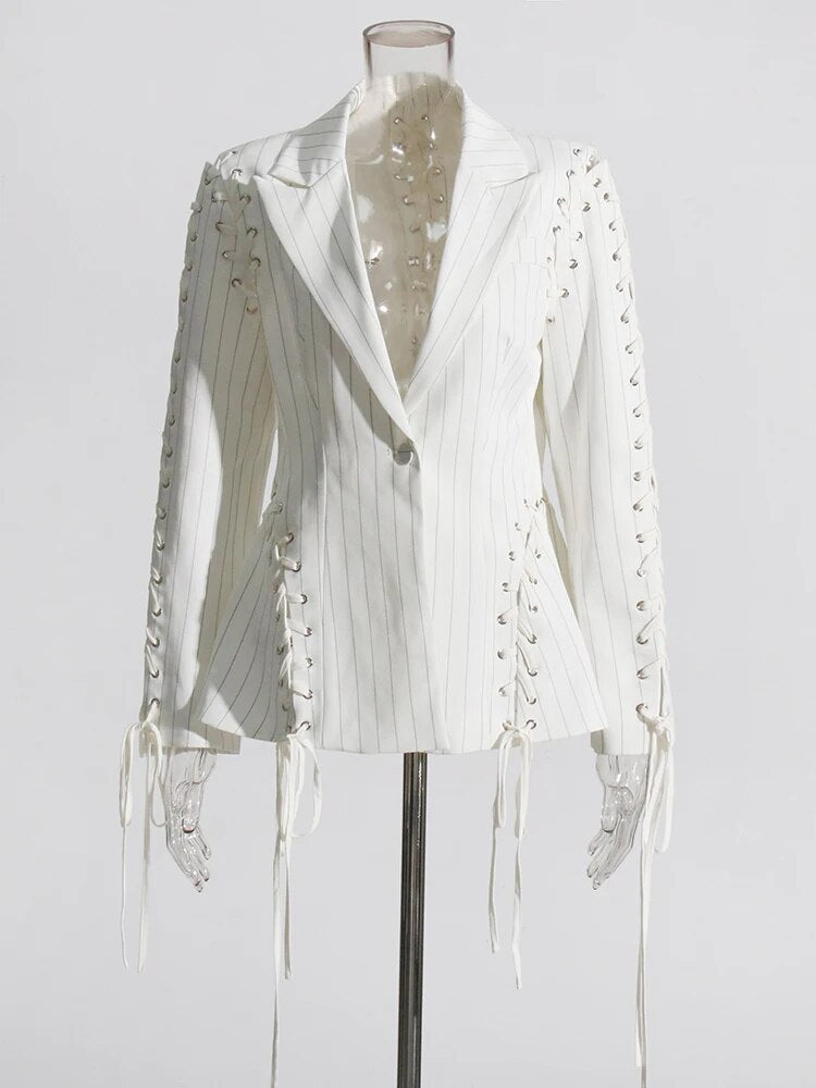 White striped blazer single breasted lace up detail