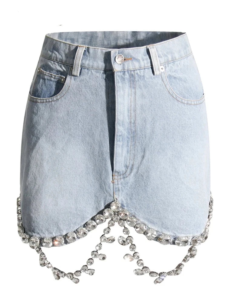 denim mini skirt with big rhinestone hem