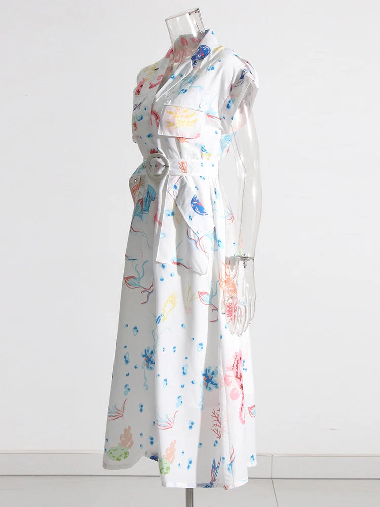 Zalia Atelier | White Dress With Print Folded Short Sleeves