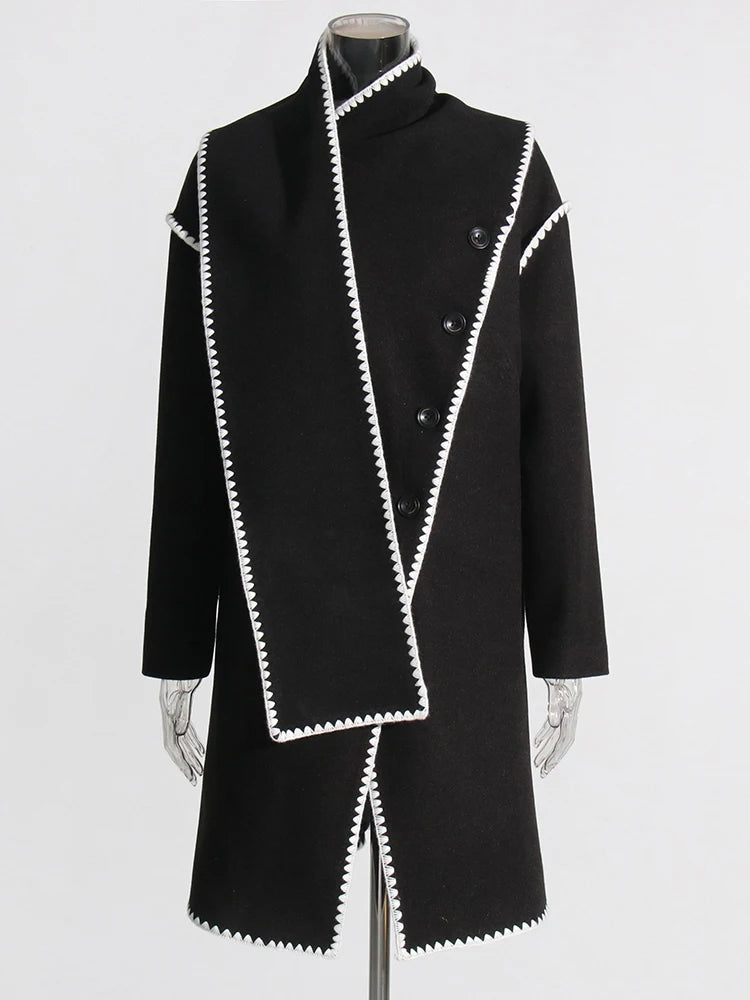 Zalia Atelier | Black Coat with scarf collar and knit trims