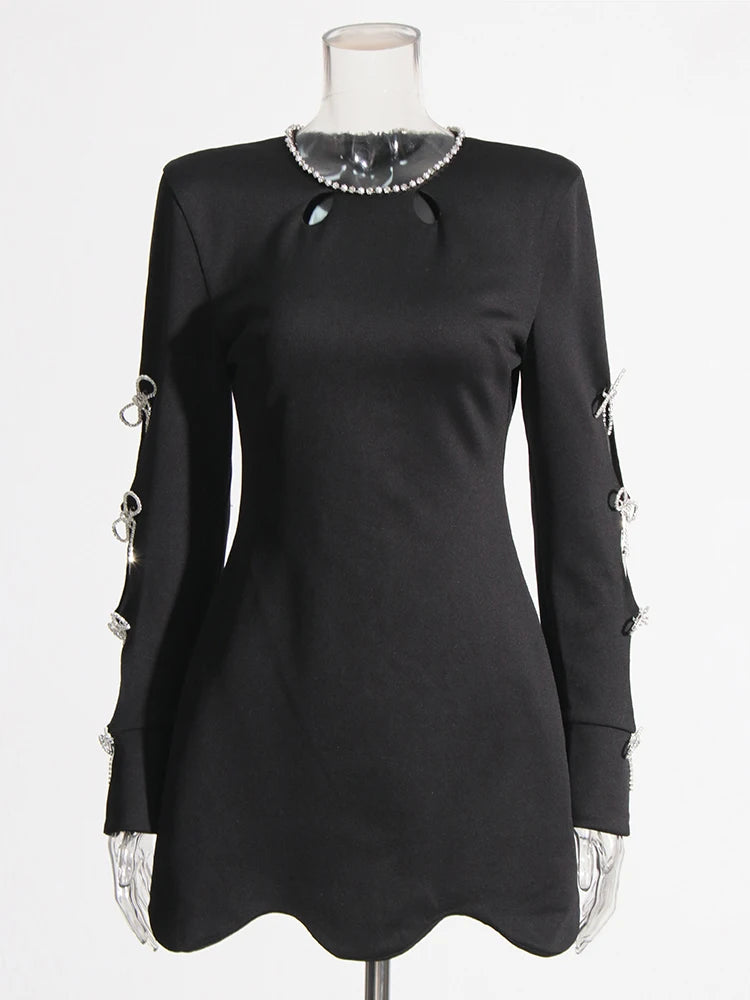 Zalia Atelier | Black Mini Dress Long Sleeves Rhinestone Trims and Cutouts