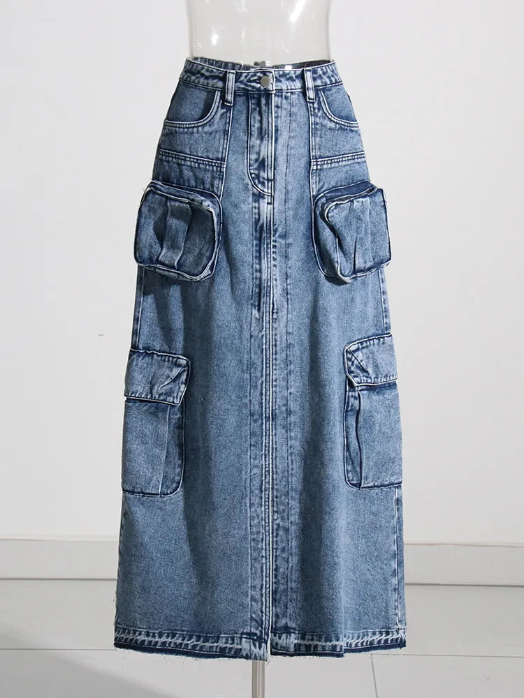 Cargo Denim Midi Skirt