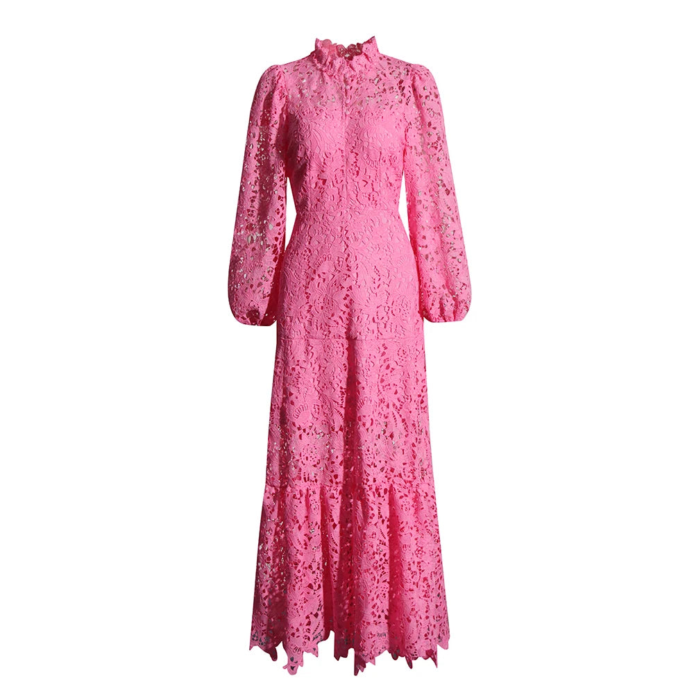 Zalia Atelier | Pink Embroidered Lace Maxi Dress Long Sleeves