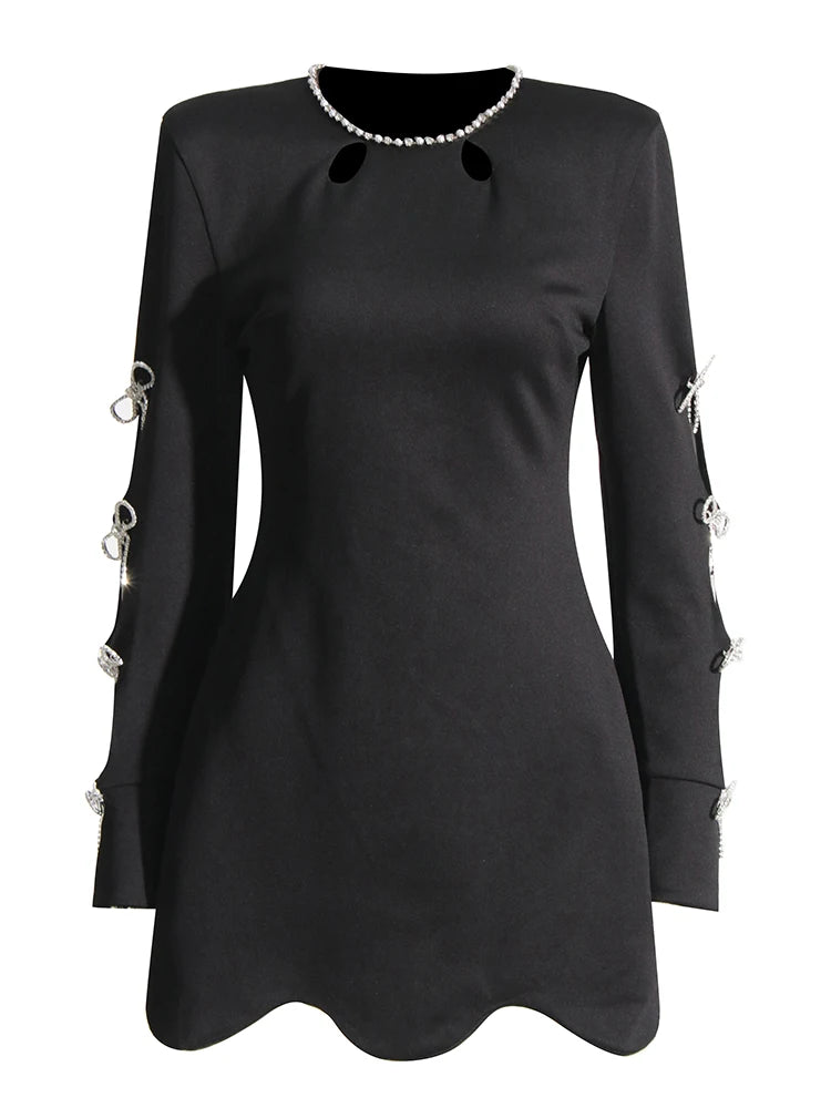 Zalia Atelier | Black Mini Dress Long Sleeves Rhinestone Trims and Cutouts