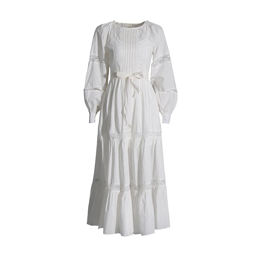 White Long Sleeve Dress | Lace Panel | Zalia Atelier