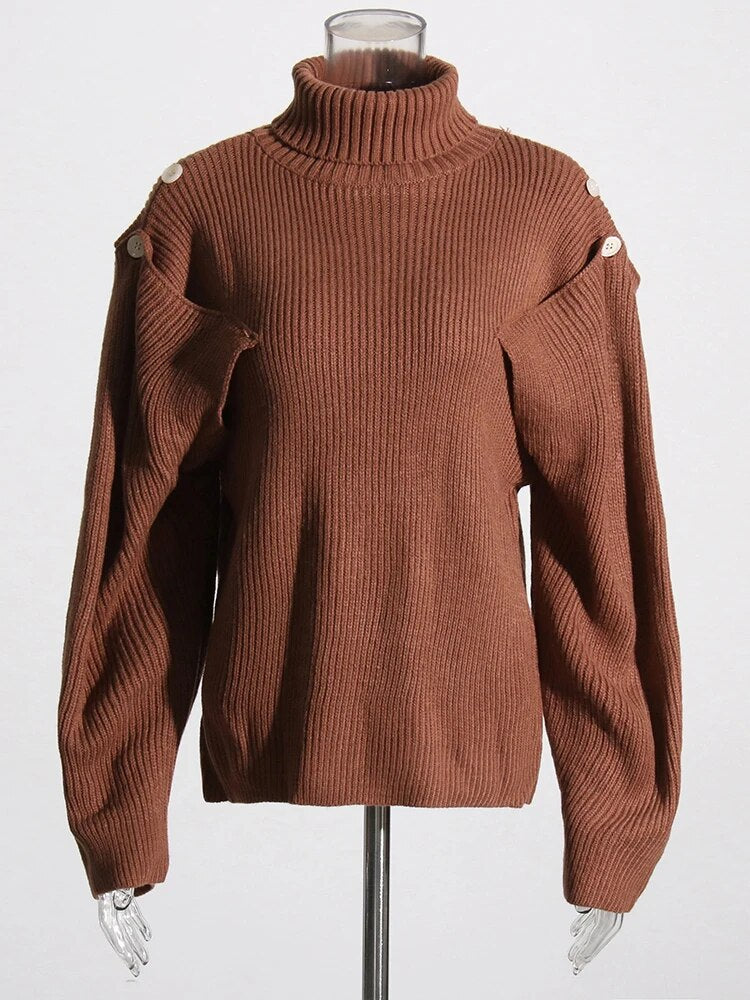 Brown Turtle neck sweater sleeve cutouts