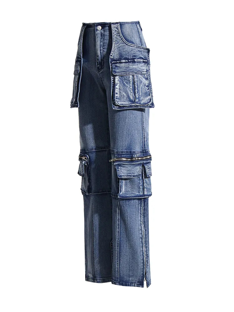 Modern denim pants with pockets and zippers