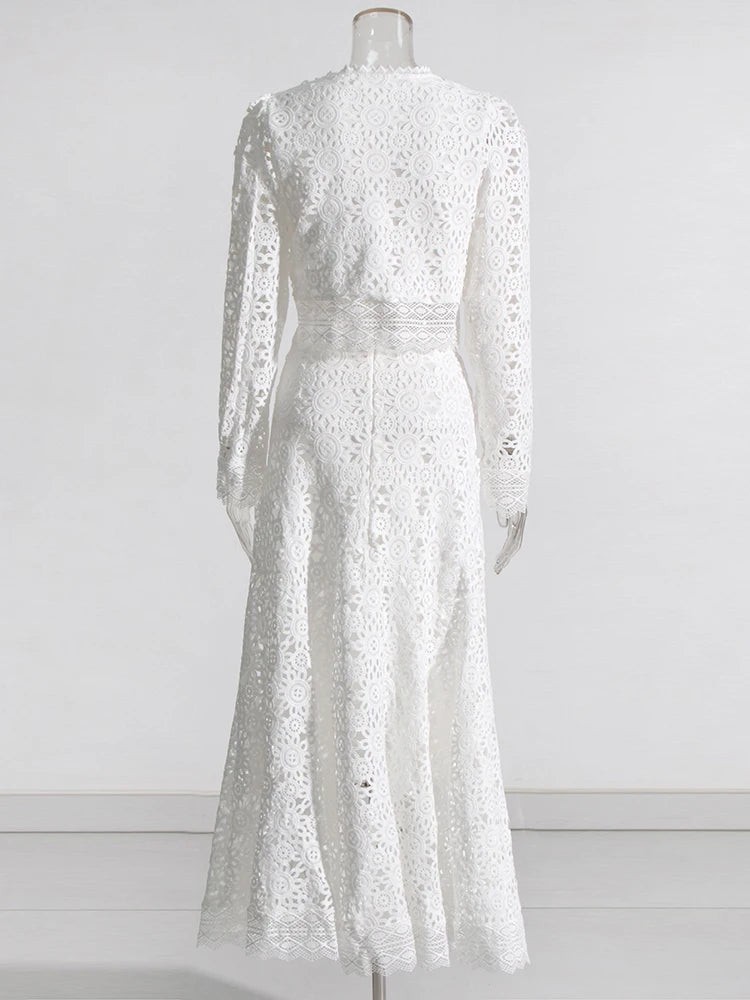 White Embroidered Lace long sleeve top with matching maxi skirt