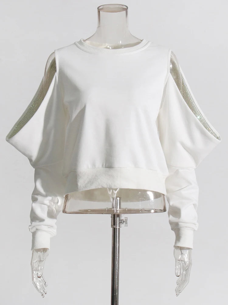 Zalia Atelier | White Sweatshirt with crystals embellished sleeves