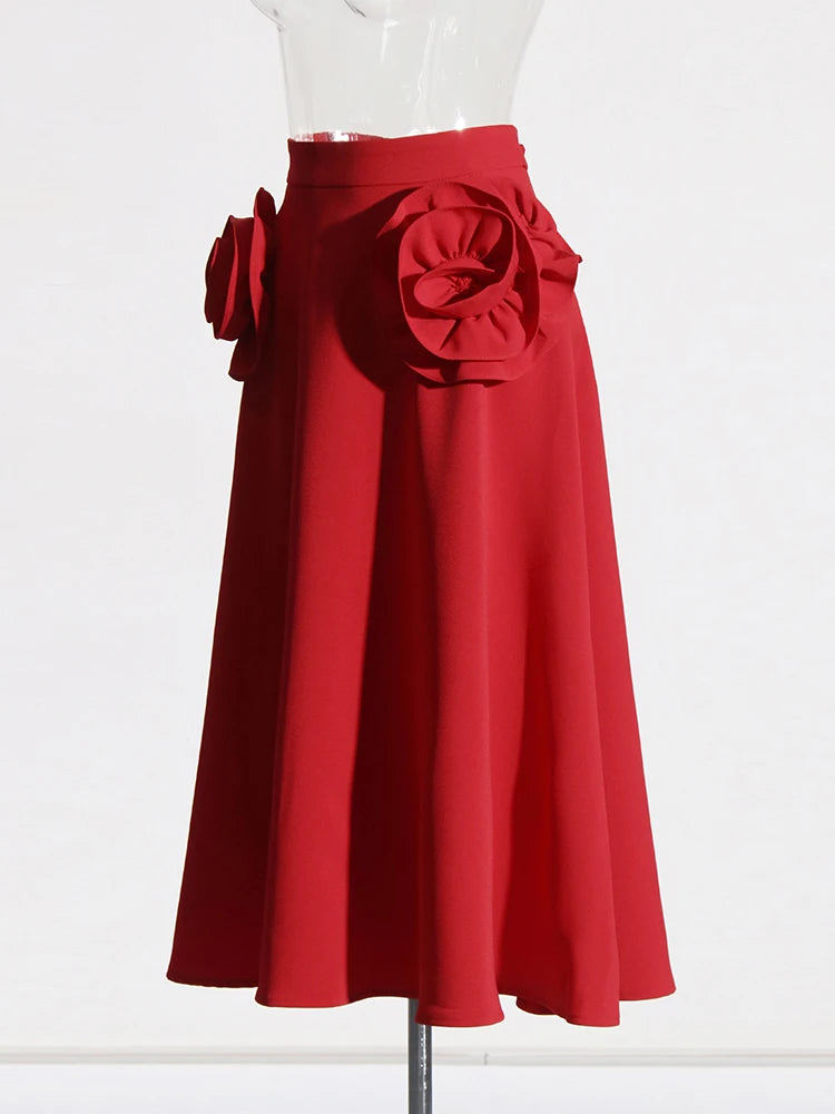 Zalia Atelier | Red Midi Skirt with Flower Appliques