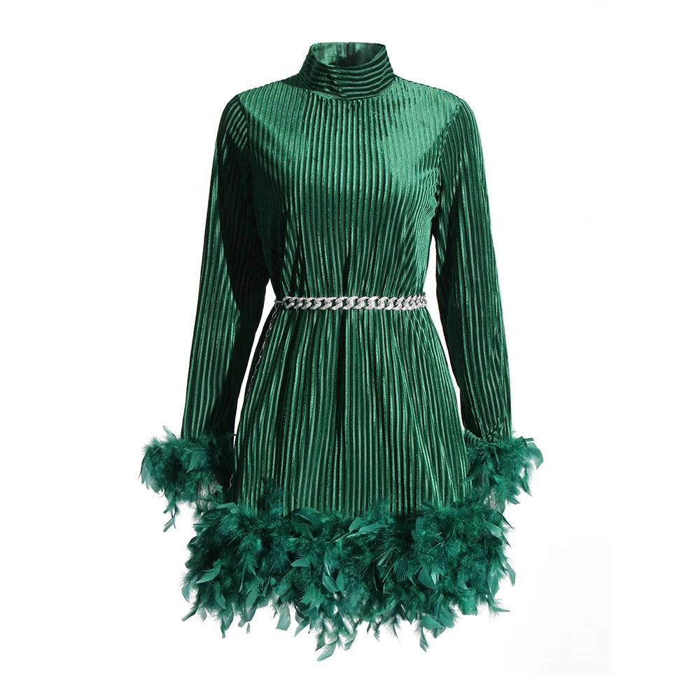 Zalia Atelier | Green Velour Mini Dress Long Sleeves Turtle Neck Feather Trim Cuffs and Hem