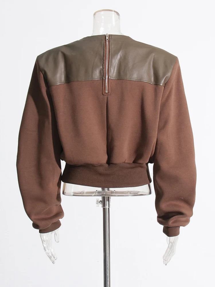 Zalia Atelier | Coffee brown sweatshirt pu leather patchwork