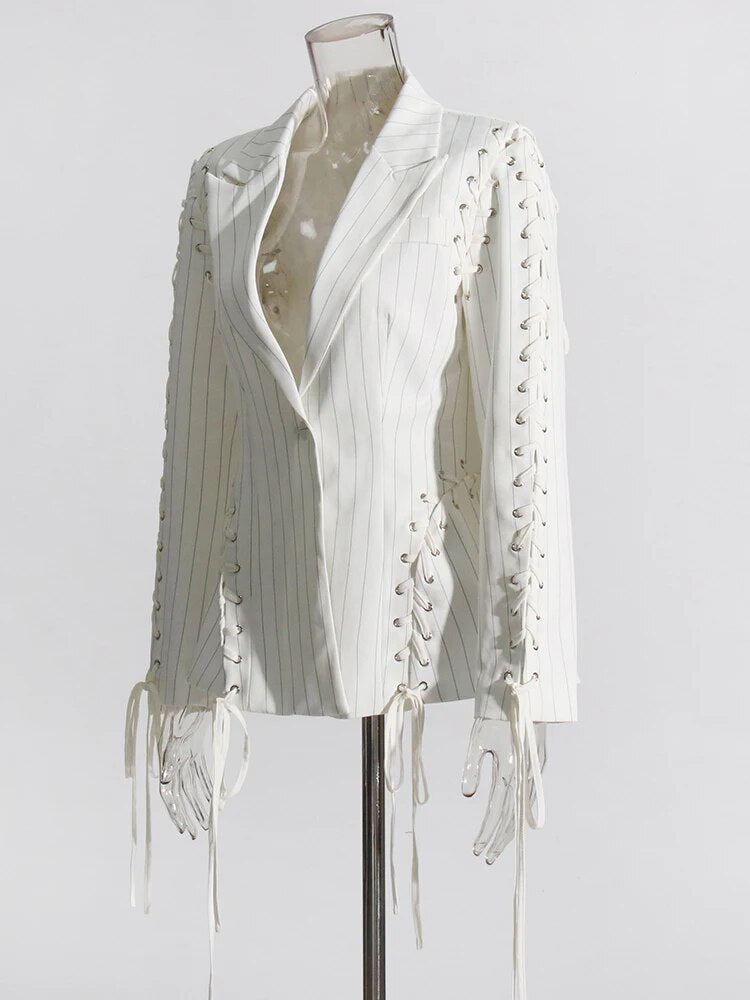 White striped blazer single breasted lace up detail