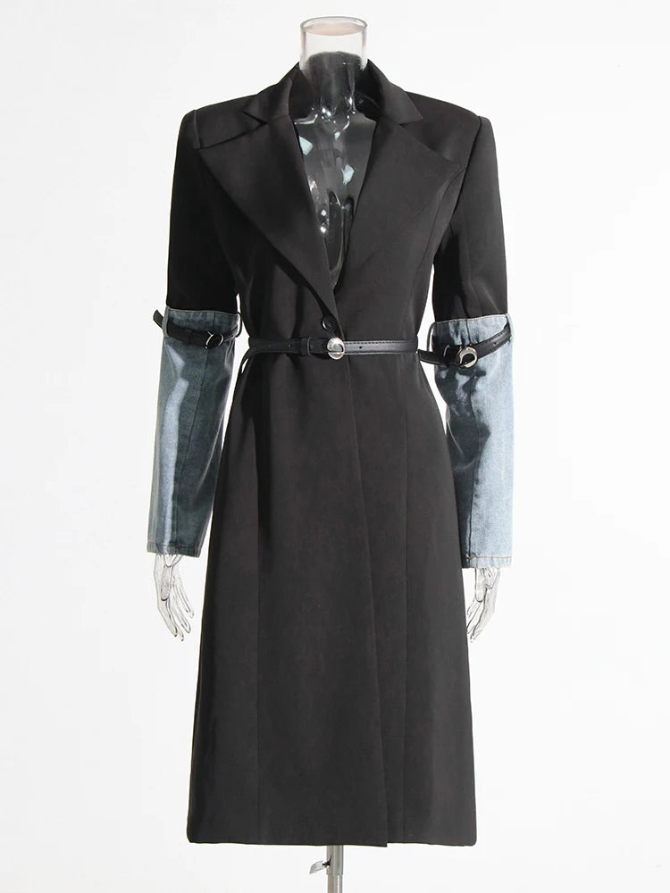 Belted Black Trench Coat with denim patchwork sleeves with straps