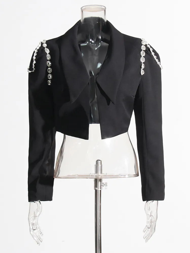 Black cropped blazer with big rhinestones on shoulders