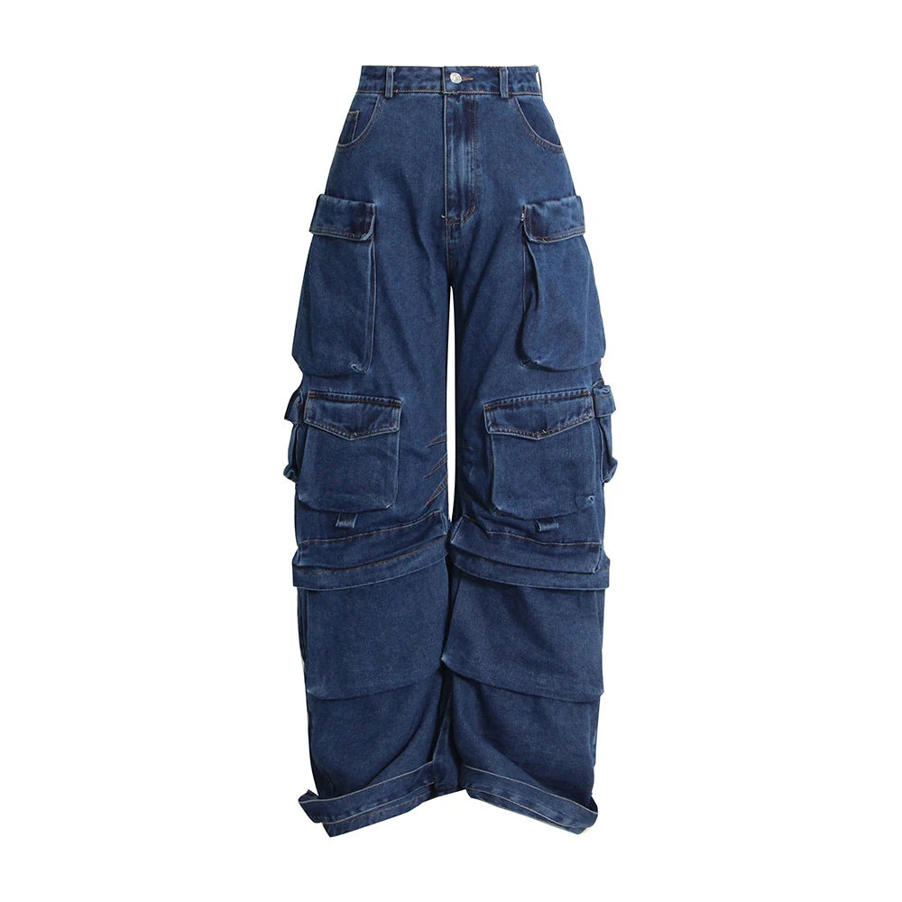 dark blue cargo jeans high waist wide legs