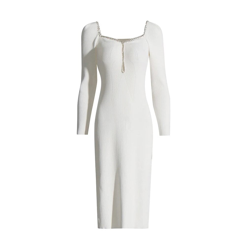 White Stretchy Knit Midi Dress with shoulder and neckline rhinestones