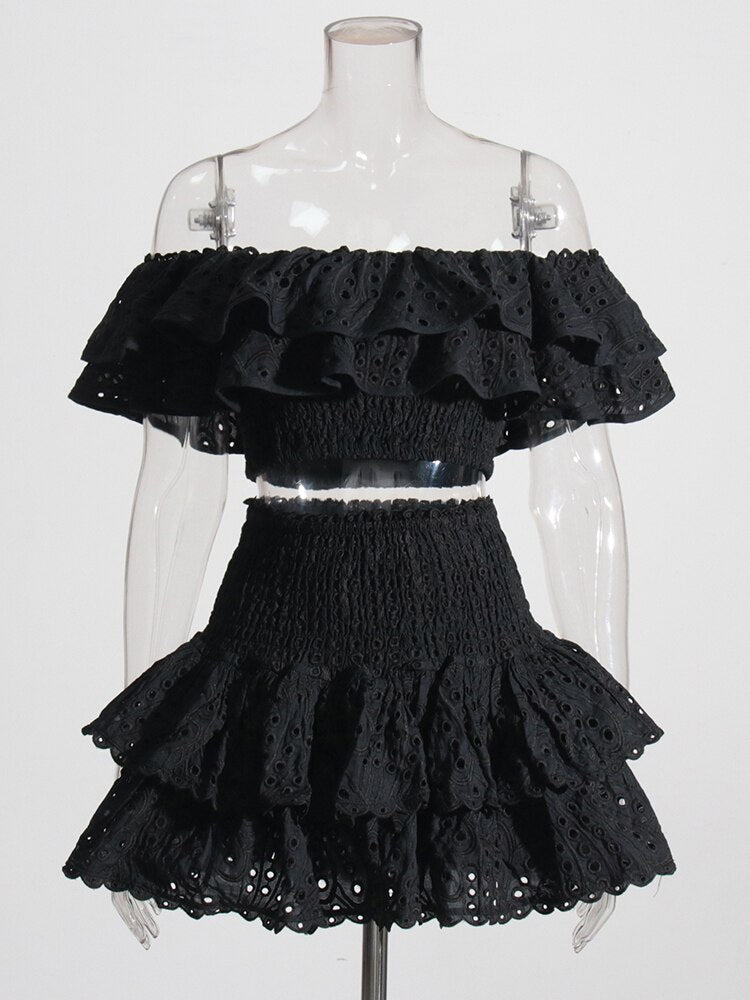 Black Embroidered Top and Skirt Set | Broderie Anglaise | Crop Top and Mini Skirt with Ruffles | Designer Inspired Charo Ruiz Dupe