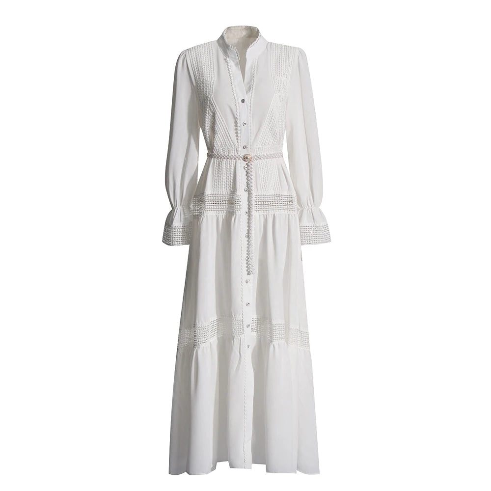 Zalia Atelier | White Maxi Dress Long Sleeve Buttons Sash Belt Lace Panel Vacation Dress