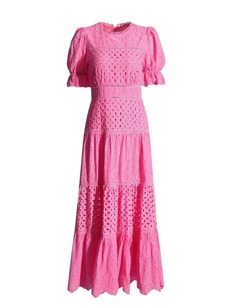 Zalia Atelier | Pink Maxi Dress Puff Sleeves Embroidered Panel