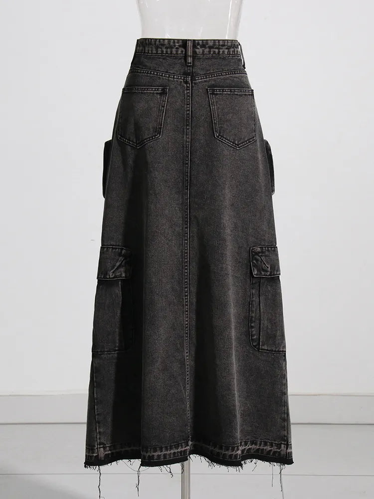 Cargo Denim Midi Skirt