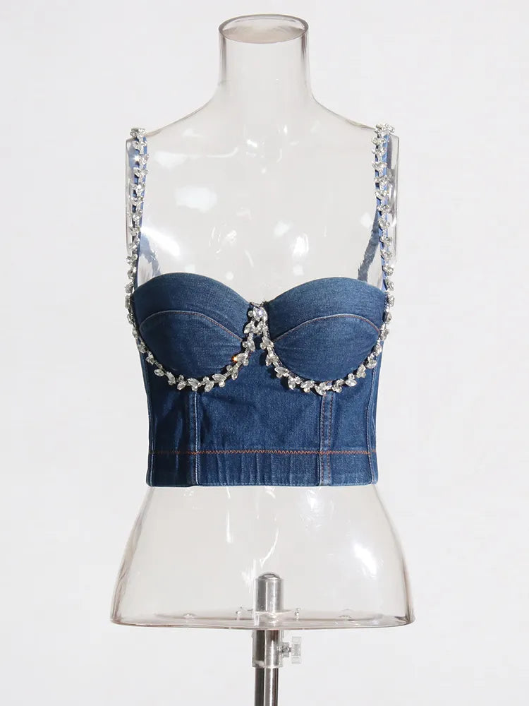 Zalia Atelier | Denim Bustier Top with big crystal rhinestones straps