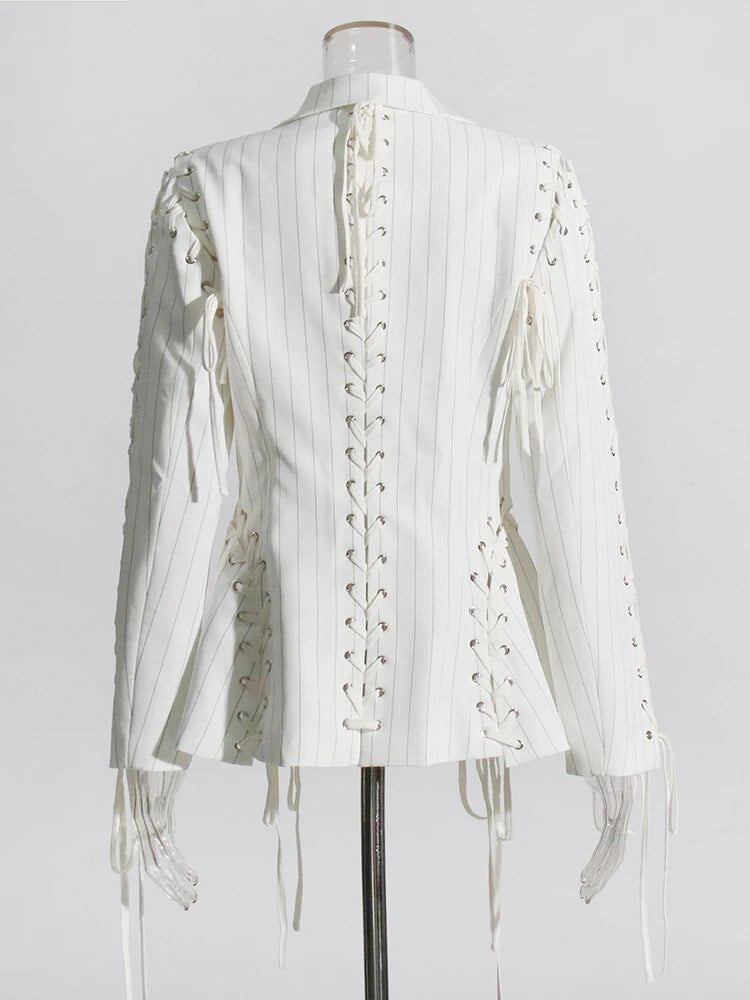 White striped blazer single breasted lace up detail