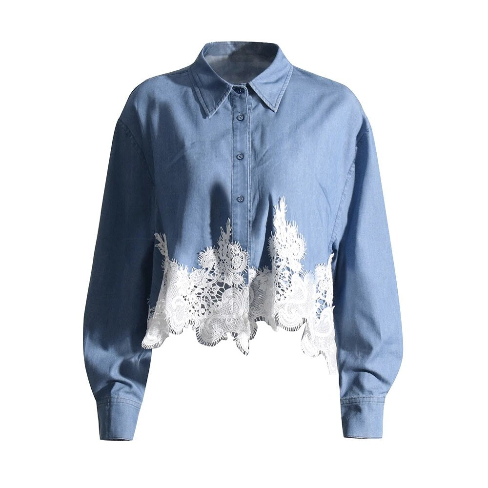 Blue long sleeve shirt with white lace trim | Zalia Atelier