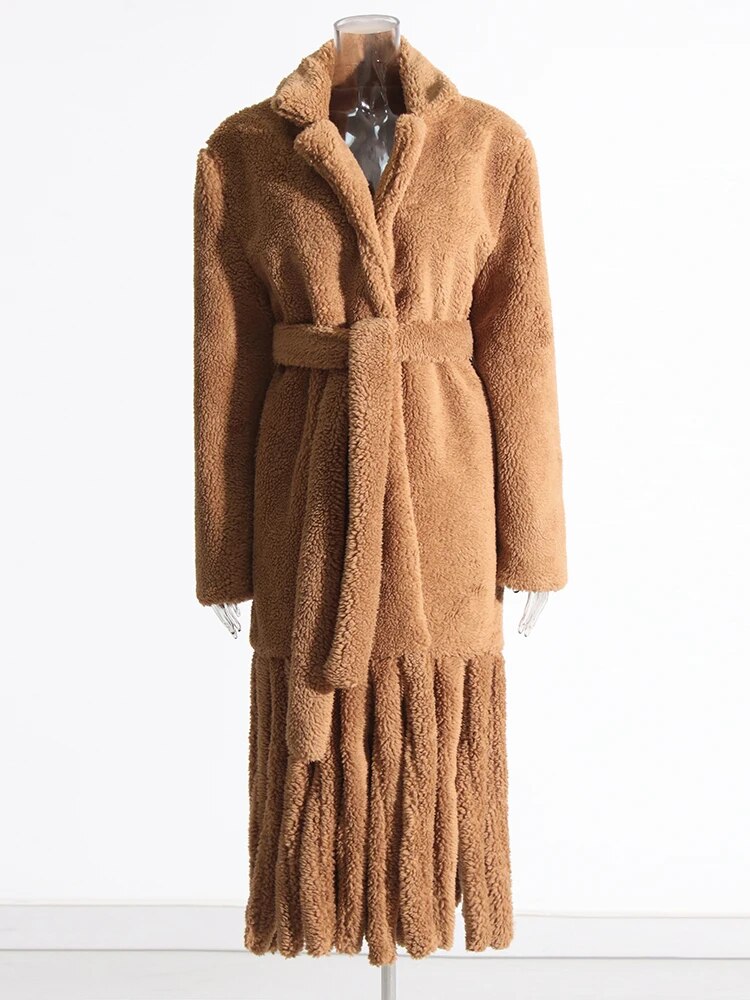 Camel color teddy coat with fringe detail