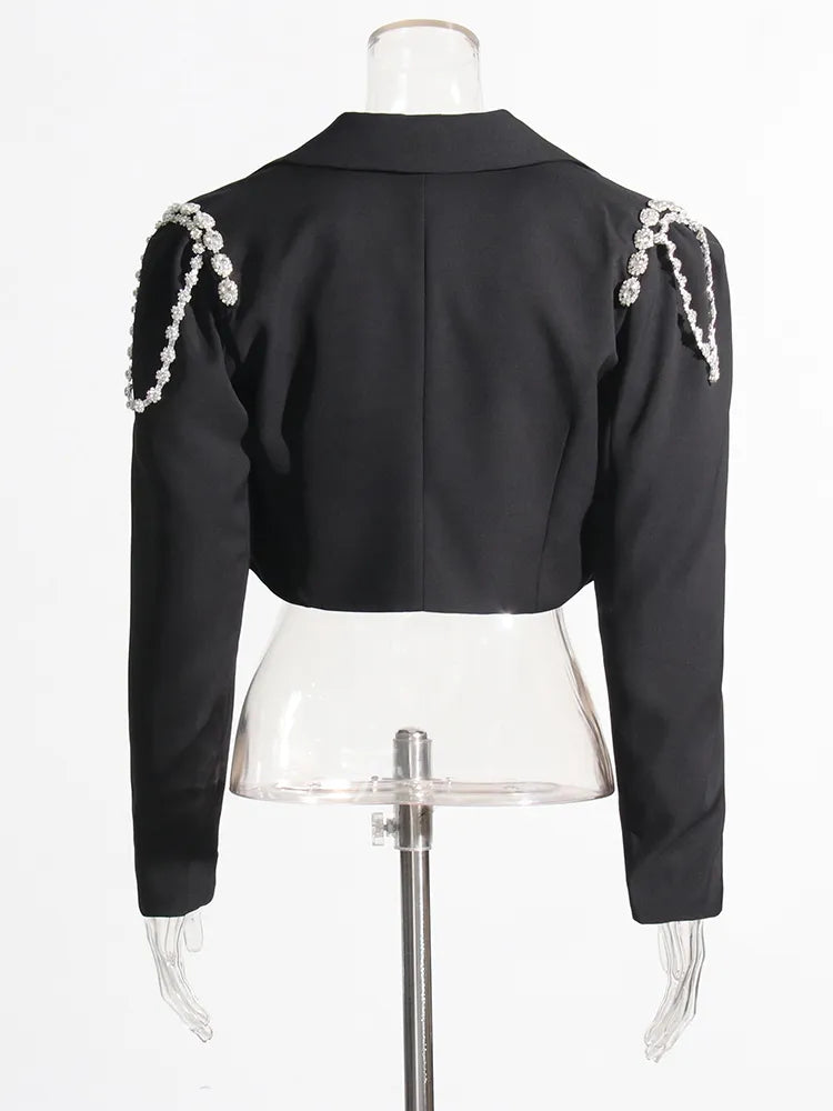 Black cropped blazer with big rhinestones on shoulders