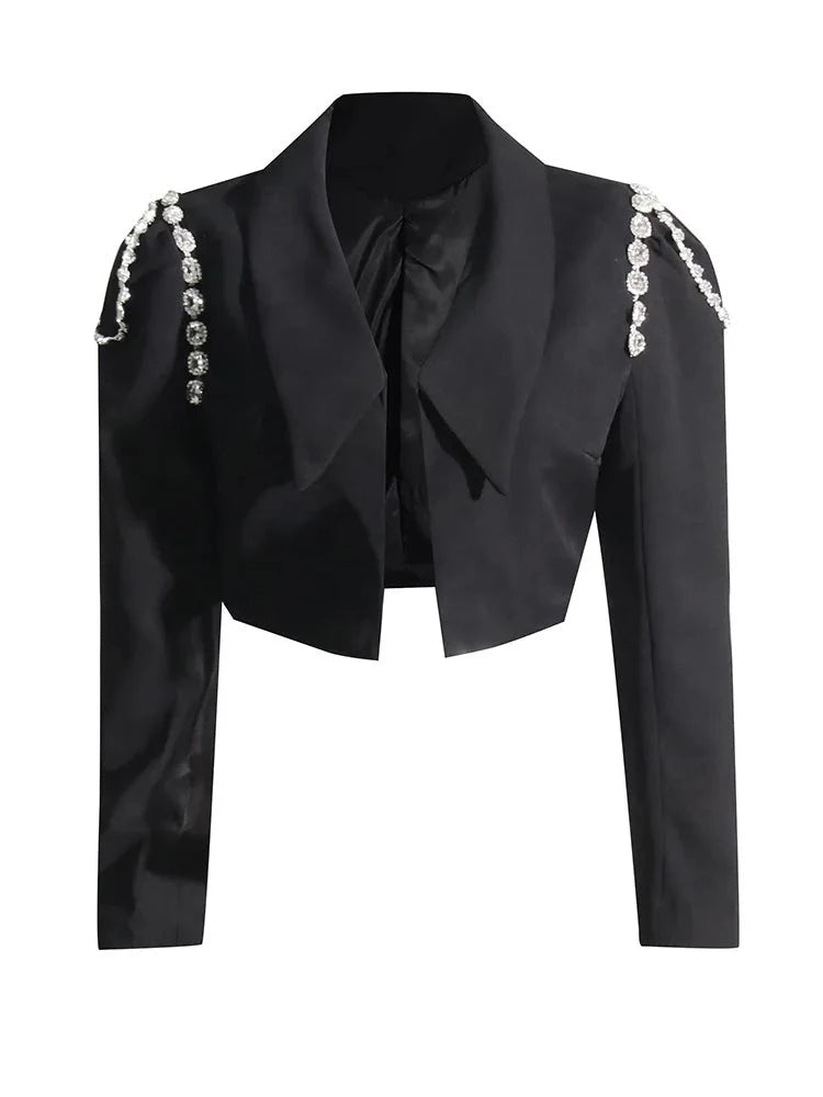 Black cropped blazer with big rhinestones on shoulders