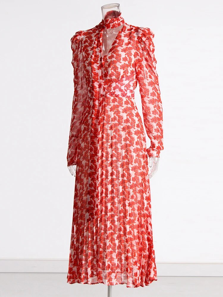 Long Sleeve Maxi Dress with Red Floral Pattern | Zalia Atelier