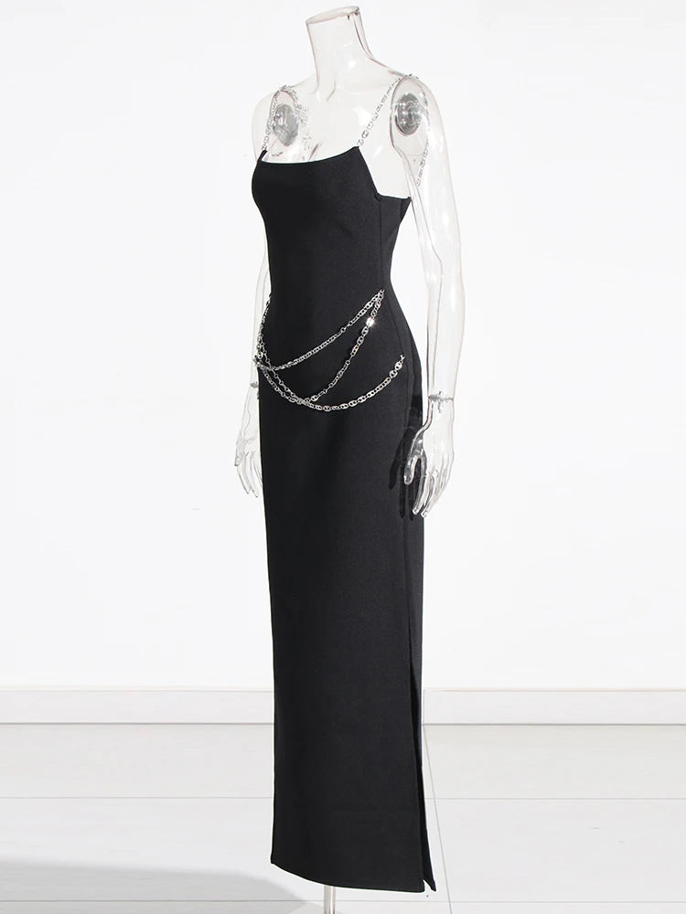 Zalia Atelier | Black Maxi Dress Chain Straps and Belt