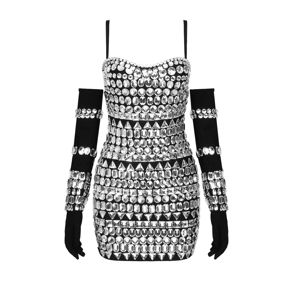 Zalia Atelier | Crystal Bead Mini Dress with Matching Gloves